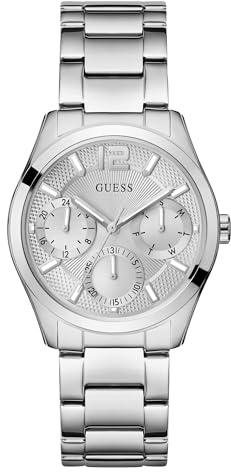 GUESS Damen Armbanduhr ZOE mit Zirkonia, silberfarbenes Edelstahlarmband, Mineral Glas, silbernes Ziffernblatt, 5 Bar, Gehäusedurchmesser: 38 mm, GW0760L1