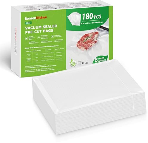 Bonsenkitchen Professional Vacuum Sealer Bags, 180 Pcs 20 x 30 cm Vacuum Sealer Bags for All Vacuum Sealer & Food Vacuum Sealer Devices, Boil-Proof and Sous Vide Freezer Bags, BPA-Free, VB33