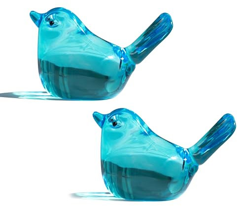 H&D HYALINE & DORA Set of 2 Blue Handmade Glass Bird Figurines - Blown Glass Birds Crystal Decorative Collectibles