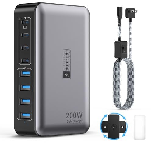 USB C Fast Charger Block 200W, 8 Ports Charging Station for iPhone/Ipad/MacBook, 4C4A GaN Charger Box, Flat Plug Multi Chargers for All Devices 5ft Braided Power Cord with On/Off Switch