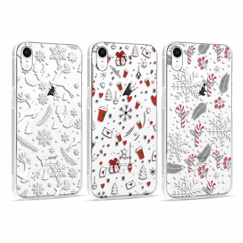 Coalbooliy 3 Stück Weihnachten Hülle für iPhone XR Handyhülle 6,1”, Aesthetic Cartoon Christmas Muster Design Transparent Silikon Case Slim Weich TPU Stoßfeste Schutzhülle Cover, Schneeflocke