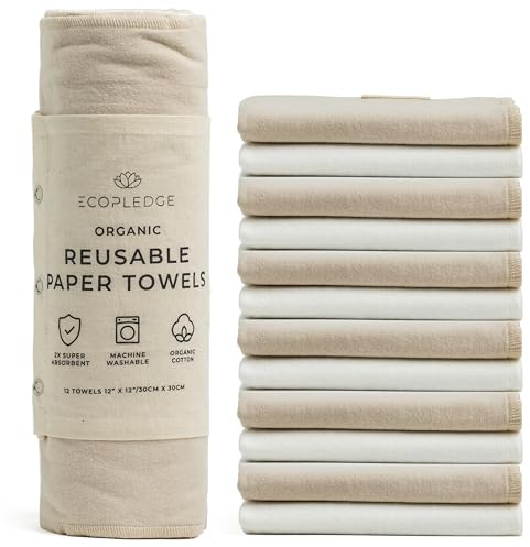EcoPledge Rollo de toallas de papel reutilizables lavables – 12 piezas gruesas ultra absorbentes de dos capas de algodón orgánico certificado sin papel – Toalla de papel de cocina grande con lazo para