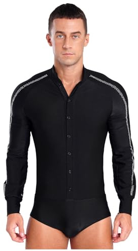 inlzdz Herren Latein Hemd Tanz Oberteil Langarmshirt Trikot Leotard Hemdbody mit Strass Tanzanzug Standard Jazz Tanz Kostüm Wettbewerb Ballroom Schwarz S