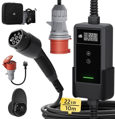 dé Mobile Wallbox/Ladestation 22kW Mit App [3-phasig|10m|6-32A] mit stromzähler, Ladekabel CEE 32A auf Typ 2 und EV Ladegerät für Model Y/3, ID.3/4/5, MG4, EX30, e-up, e-tron und andere EV/PHEV