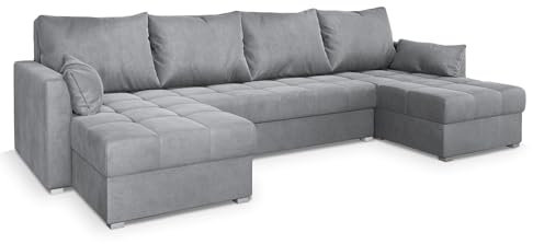 Masseno Ecksofa NAKO M mit Schlaffunktion U-Form, Sofa mit Bettkasten, Wohnzimmersofa, Couch, Soffa, Bettsofa, Couchgarnitur- Hellgrau, Monolith 84