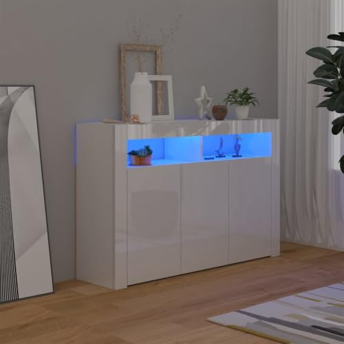 Myheimly Sideboard mit LED-Beleuchtung Schrank Anrichte Beistellschrank Kommode Mehrzweckschrank Standschrank Hochglanz-Weiß,115.5 cm