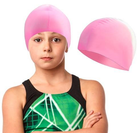 Gorro de Natación para Niñas 4-12 Años Gorro de Piscina de Silicona Impermeable, Antideslizante y Elástico para Niñas Niños Swimming Cap Protección para Cabello Largo/Corto Gradiente Rosa Blanco