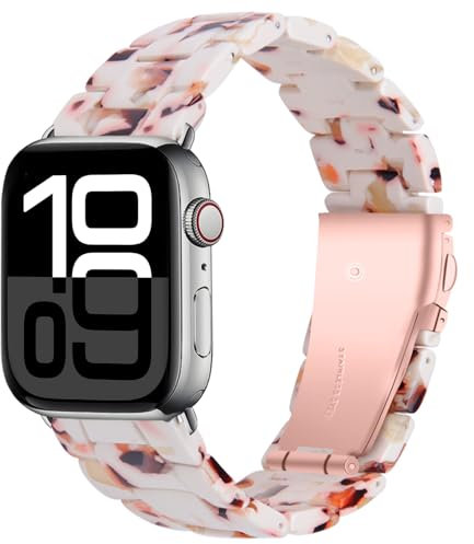 Miimall Bracelet Compatible avec Apple Watch 38/40/41/42mm(Series 10), Strap Résine pour Apple iWatch 10 9 8 7 6 5 4 3 2 1 SE avec Métal Boucle en Acier Inoxydable Femme Nougat, Boucle en Or Rosé