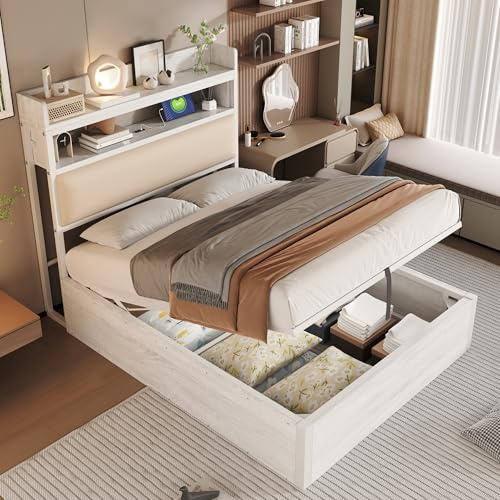 Kebnor Bettrahmen mit hydraulischem Hubmechanismus, USB, gepolstertem Kopfteil, Retro-Holz- und Metalldesign, versteckte Stauraumschicht Einzelbett Moderne Schlafzimmermöbel (Weiß, 90 x 200cm)