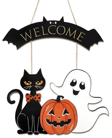 Nymphfable 2Pcs Halloween Holz Wanddekoration, Niedlicher Geist Schwarze Katze Kürbis Willkommensschild Halloween Ornamente für Bauernhaus Veranda Innen Außen 26.8x9.1 zoll