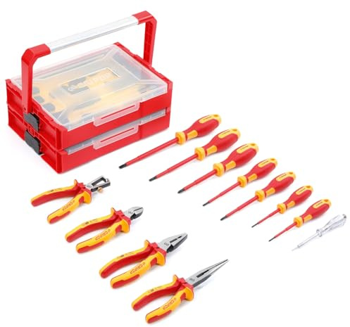 CRIPOP 12 tlg VDE Isolierter Schraubendreher Schraubenzieher Zange Set,1000V elektriker werkzeug,mit Schlitz Philips inkl.Spannungsprüfer und Aufbewahrungsbox mit Griff
