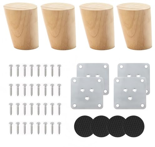 Set di 4 piedini per mobili, in legno, 6 cm, per tavolo e mobili, in legno di rovere, robusti, gambe rotonde per mobili e divani