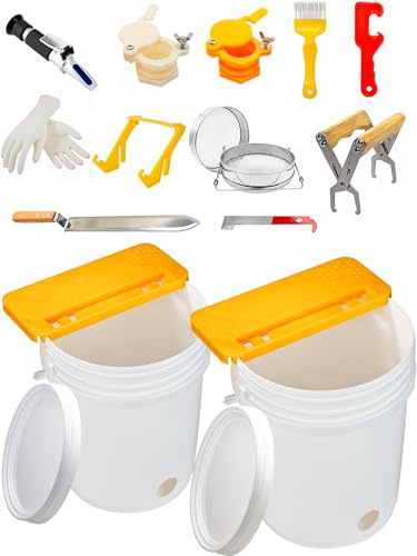 Duseu 15PCS Honey Extractor Kit, 2 Pack 5 Gallon Honey Bucket with Gate, 58-90% Refractometer, Honey Strainer, Beekeeping Harvesting Equipment with Hive Tool, Frame Gripper, Uncapping Knife & Gloves