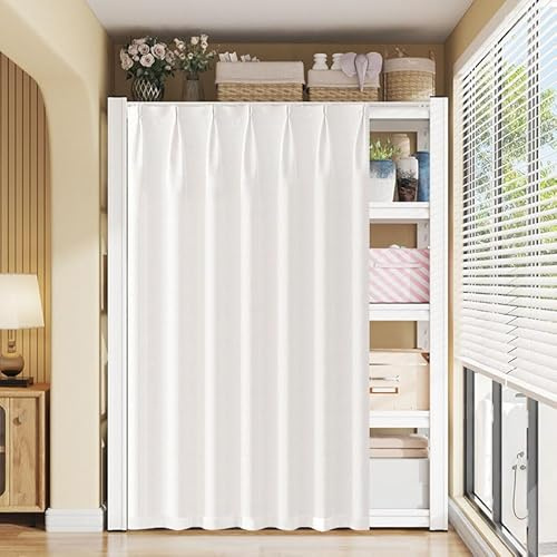 Generisch Waschbar Schrankvorhang Zum Schieben, Weiss Staubdichter Privatsphäre Regal Vorhang, Schatten Vorhan, Selbstklebender Flüsterschiene, Kein Stanzen Erforderlich,B,W 90 cm x H 180 cm