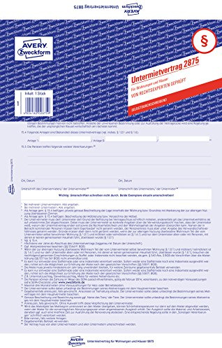 Avery Zweckform 2875 Untermietvertrag (für Wohnungen und Häuser, A4, selbstdurchschreibend) 1 Stück, blau