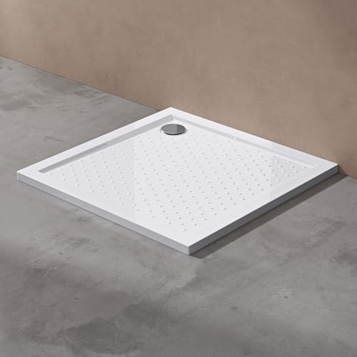 doporro Duschtasse Anti-Rutsch 90x90x4 Ablaufgarnitur aus Acryl in Weiß | Flache Duschwanne für bodenebene Montage mit DIN-Anschlüssen – stabil & sicher für moderne Duschen Lucia1AR+AL01