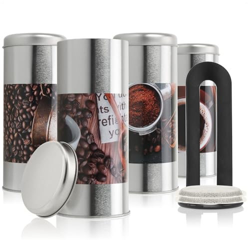 com-four® 4x Kaffeepaddose und 1x Padheber - Metalldose für Kaffeepads - Blech-Dekodose mit Deckel im modernen Vintage-Design - Aufbewahrungsbehälter für Kaffee, Kakao, Tee, Kekse (5-tlg Set - Kaffee)