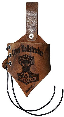 Hornhalter Asgard graviert mit einem Thors Vollstrecker und einem Mjölnir (Thors Hammer) - aus braunem Leder in Used-Look - Verschiedene Größen (M)