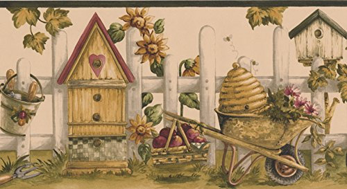 Norwall Vintage Birdhouses Sunflowers Gardening Tools Picket Fence Coconut White Wallpaper Border Retro Design, Roll 15' X 7'' / Size:7 by 5 Yards