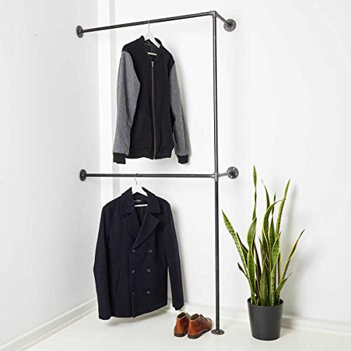 VARIOUS Garderobe für die Ecke - div. Größen, z.B. 60 x 200 cm - Industrial Design Kleiderstange doppelt für Jacken - nach links o. rechts - schwarz, Metall