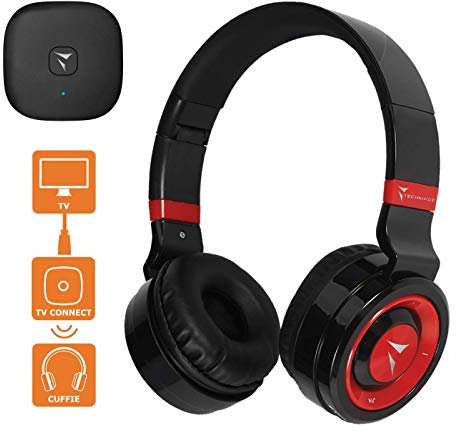 Techmade TM46-TV - Cuffia senza filo con tasti funzione, Per TV In Bundle, Dispositivo di connessione TV CONNECT, Nero/Rosso