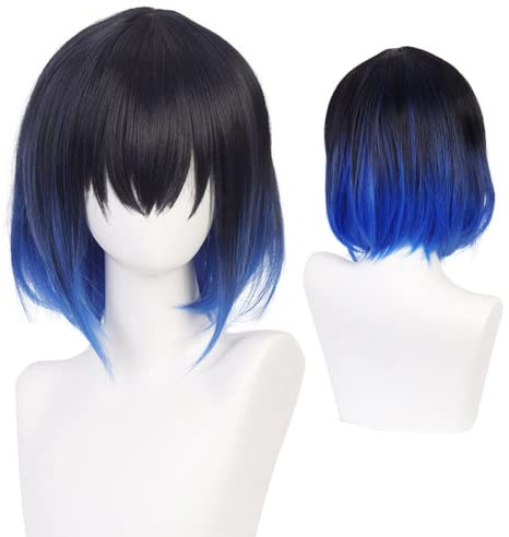 Liamiona Anime Short Curly Black Gradient Blue Cosplay Perücke Halloween Party Kostüme Perücke mit Perückenkappe