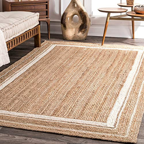 Ripaz Vogue Jute-Teppich, naturfarben, mit cremefarbener Linie, handgeflochten, 60 x 90 cm, rechteckig