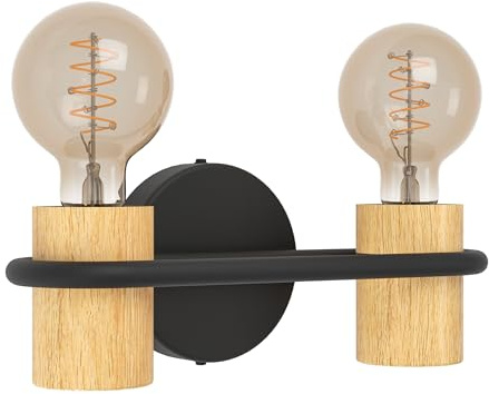 Eglo Wall Lamp Chieveley, 2-Light Mounted Light | bedroom lighting made of black metal and natural wood, E27 socket