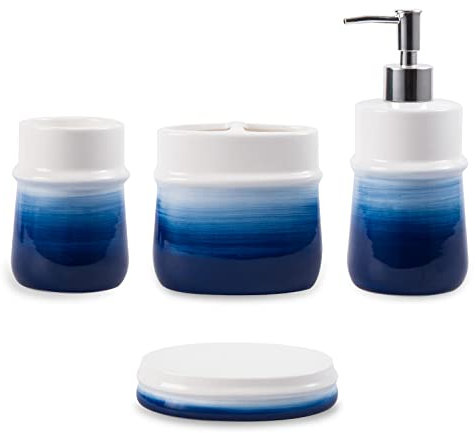 Lot de 4 accessoires de salle de bain en céramique bleu marine avec gobelet à brosse à dents, distributeur de savon, porte-savon, gobelet