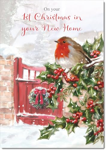 doodlecards First Christmas in New Home Christmas Card Robin on Holly Tree Medium Size with Plain Red Envelope, 21 x 15cm