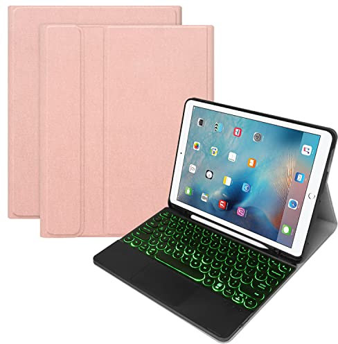 Bueuwe Funda Teclado para iPad Pro 12,9 2017/2015 (2.ª Y 1.ª Generación), Teclado QWERTY En Inglés [Retroiluminado En 7 Colores] Teclado Desmontable Magnéticamente con Panel Táctil,Rose gold2