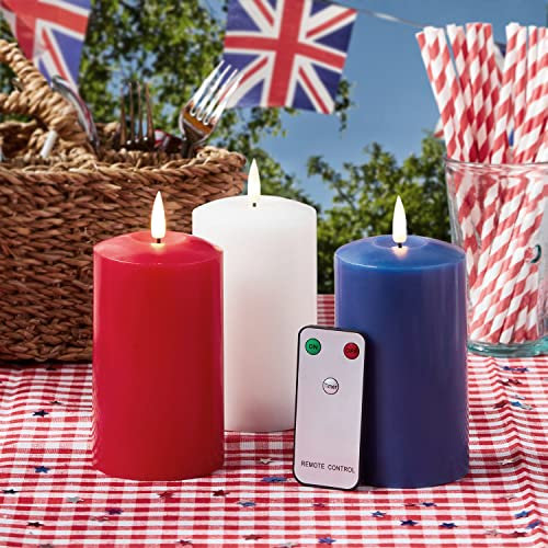 Lights4fun Set of 3 Patriotic Union Jack Colours TruGlow® Battery LED Flameless Pillar Candles Real Wax Red White & Blue Coronation Party Decoration