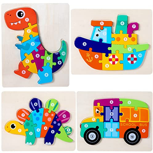 HUADADA Wooden Puzzles Dinosaur Animals Jigsaws puzzle Toys for 1 2 3 4 Year Old boy 4 Pack Shape Number Toddler Puzzles Toddler Toys Educational Games for Girls Boys Children