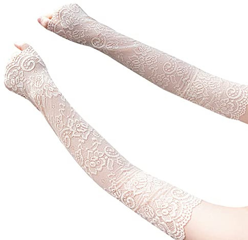 ihreesy Fingerlose Spitzenhandschuhe für Damen,1 Paar Elegante Handschuhe Sonnenschutz Fahrhandschuhe Blumenmuster Armstulpen UV-Schutz Elastisch Handstulpen Frauen Lang Mesh Handschuhe,Aprikose