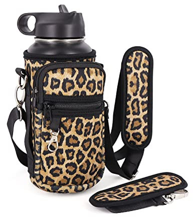 AJLTPA Water Bottle Holder with Adjustable Padded Shoulder Strap and 2 Pockets, Water Bottle Sleeve Carrier For 26 oz - 32oz Bottle & Flask (Classic Leopard)