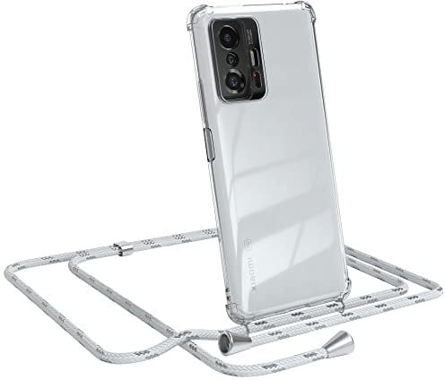 EAZY CASE Handykette kompatibel mit Xiaomi 11T / 11T Pro 5G Handyhülle mit Umhängeband, Handykordel mit Schutzhülle, Silikonhülle, Hülle, Stylische Kette für Smartphone, Weiß/Silber