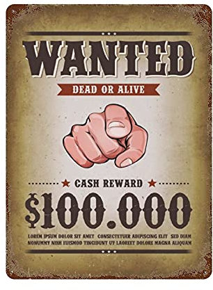 Wanted Western Dead Or Alive Vintage-Metallschild, tolles Aluminiumschild, Wanddekoration, Poster, 15,7 x 11,8 cm