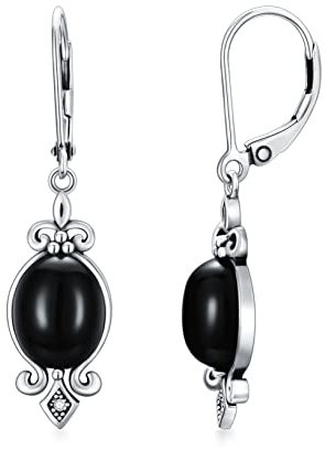 Ohrringe Onyx Schwarz 925 Sterling Silber Vintage Dangle Drop Leverback Ohrhänger Oval 10mm Stein Achat Ohrringe für Frauen (Style A)