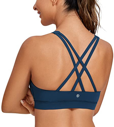 CRZ YOGA Women's Strappy Back Sports Bra - Mid Impact Wirefree Padded Workout Yoga Crop Top French Navy S