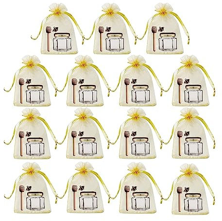 SSIMOO Mini Glass Honey Jars With Wood Dippers, Gold Lids, Bee Pendants, Jutes Golden Gift Bags Perfect Compatible With Baby Shower, Wedding Favors (Color : 60ML 20PCS)