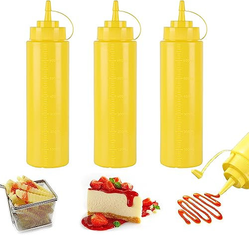 3 Pack Yellow Plastic Squeeze Bottles 24 oz Condiment Squeeze Bottles Multipurpose Squirt Bottle for Ketchup Oil Jam BBQ Sauce Dressing Grilling Crafts Syrup Dispensers