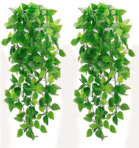 Comtelek 2 Packs Artificial Hanging Plants Pothos Vine Artificial Trailing Plants Fake Ivy Leaves for Living Room Kitchen Balcony Garden Bedroom Aesthetic Indoors and Outdoors
