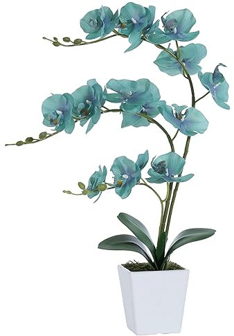 YSZL Künstliche Orchidee in Vase, große künstliche Orchidee in Keramikvase, blaugrüne Seidenorchideen mit Stielen, echte Optik, Topfblumen, Arrangement, Tafelaufsatz, Tischdekorationen für