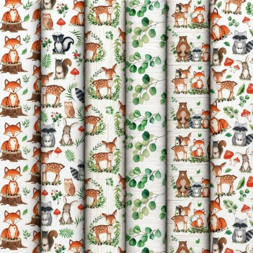Whaline Stoffbündel aus Baumwolle, Motiv: Waldtiere, Eukalyptus, bedruckt, Fat Quarter, Nähstoffe für DIY, Handarbeit, 45,7 x 55,9 cm, 6 Stück