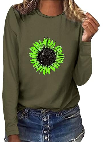 Karo Kauer Damen Damen-T-Shirt mit Rundhalsausschnitt und grünem Sonnenblumen-Aufdruck Hand Der (AG #8, S)