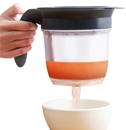 Séparateur de Graisse Tasse à Mesurer Ouverture Inférieure Huile Soupe | Bouton sur la Poignée pour Verser, Calibrage Précis, pour Bouillon Ragoûts et Sauces, Haute Performance de Filtration