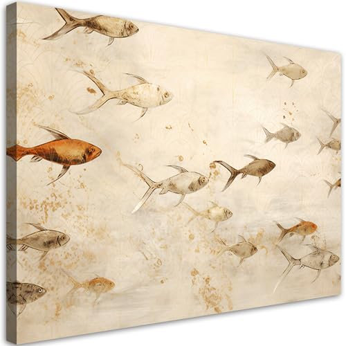 Feeby Bilder Aquarell Fisch AI 90x60 cm 1 tlg Schlafzimmer Modern Vlies Leinwandbilder Bild auf Leinwand Kunstdruck Wand Wanddeko Design Wohnzimmer Büro Flur Hotel Spa Textur Natur Beige