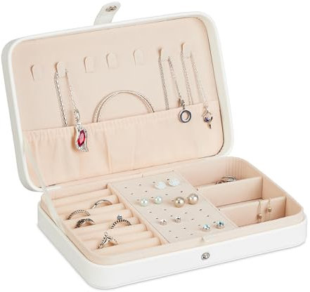 Relaxdays Schmuckkästchen, Schmuckaufbewahrung, Ringe, Ohrringe & Ketten, Reise Schmucketui, HBT: 4,5x21x14,5 cm, weiß
