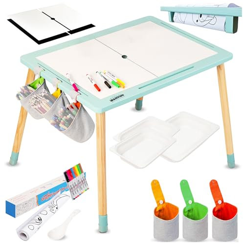 Twinkle Little Toes Sensory Table for Toddlers 1 Paper roll Holder 3 Storage Bins 3 Storage Cloth Bags 2 Wooden Inserts 2 Whiteboard 2 Chalkboard 1 Graffiti Scroll. Toddler Sensory Table