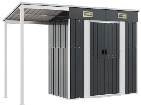 Gecheer Galvanised Steel Garden Shed - Anthracite, 277x107x157/181 cm, Firewood Storage, Tool Organizer Model364526